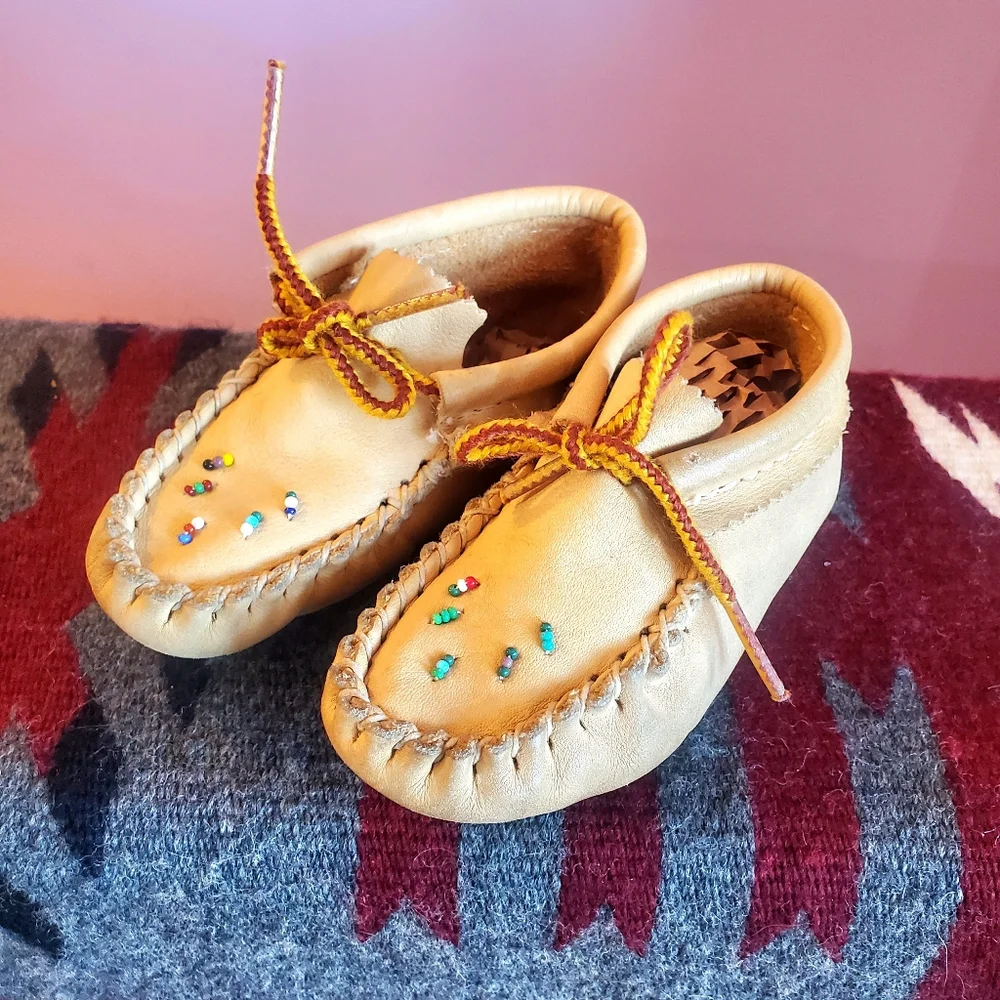 Handcrafted Tan Leather Kids Moccasins, Size 7